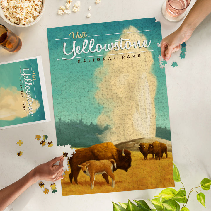 Yellowstone National Park, Oil Painting, Old Faithful and Bison, Jigsaw Puzzle