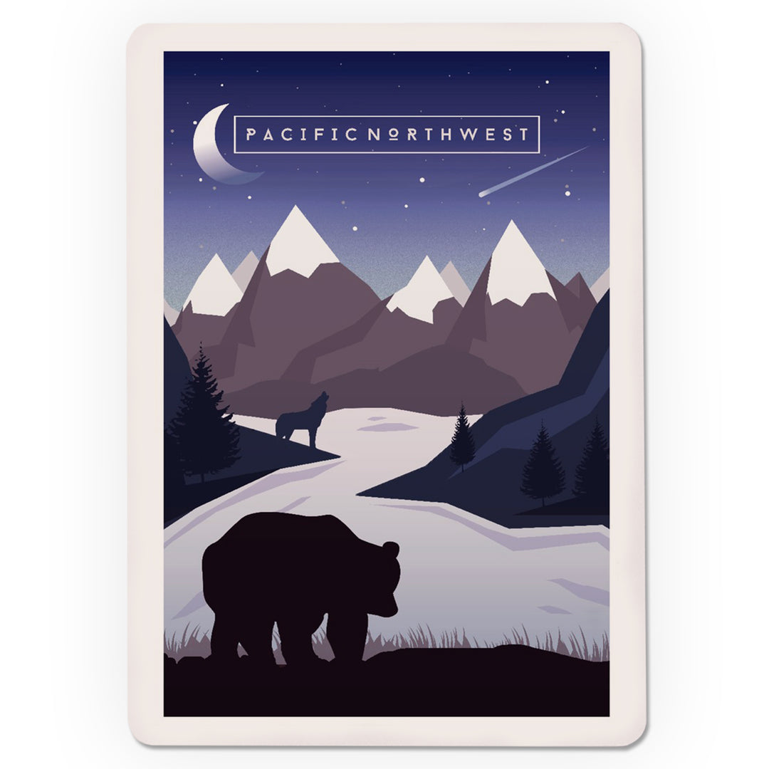 Playing Cards, Pacific Northwest, Bear and Mountain Silhouette, Night, Purple, 52 Card Deck with Jokers in Box, Unique Art