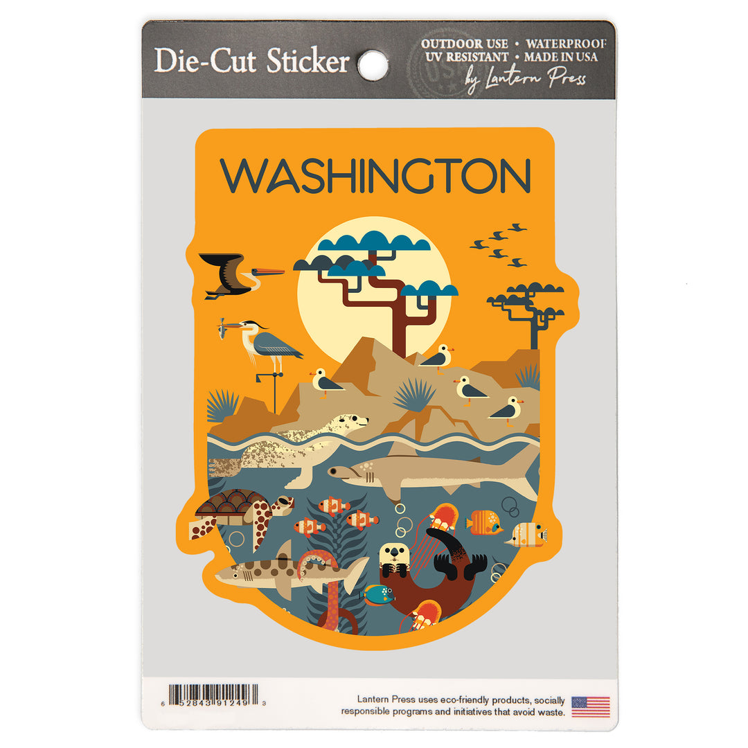 Washington Wildlife – Wilderness and Marine Life Illustration, Vinyl Sticker