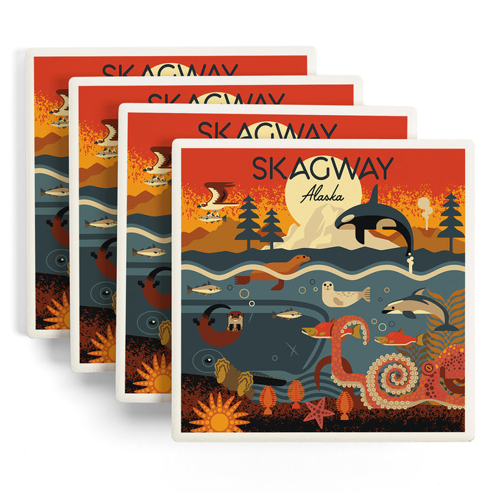 Skagway, Alaska, Geometric, Marine Animals, Coaster Set