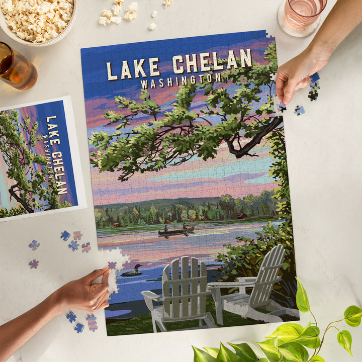 Lake Chelan, Washington, Adirondack Chairs and Lake, Jigsaw Puzzle