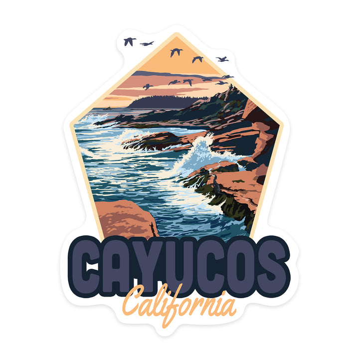 Cayucos, California, Waves Crashing on Rocks, Contour, Vinyl Sticker