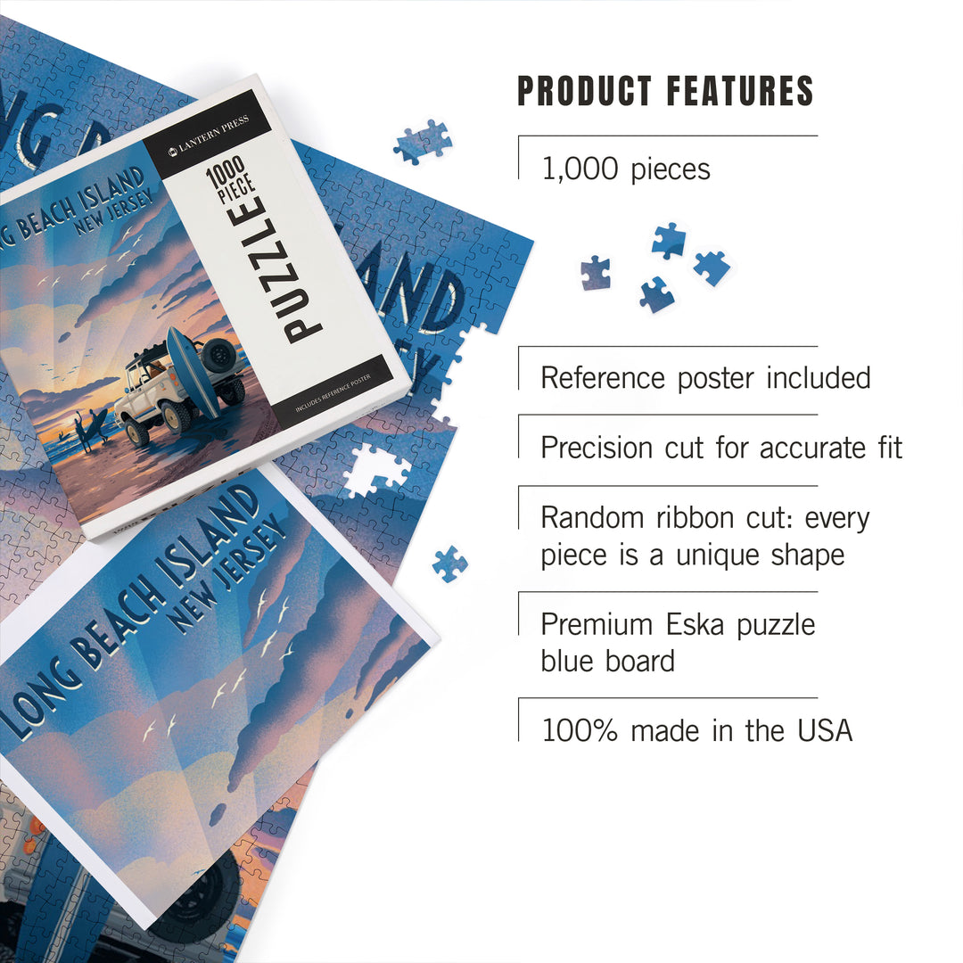 Long Beach Island, New Jersey, Lithograph, Surfers on Beach, 1000 Piece Jigsaw Puzzle