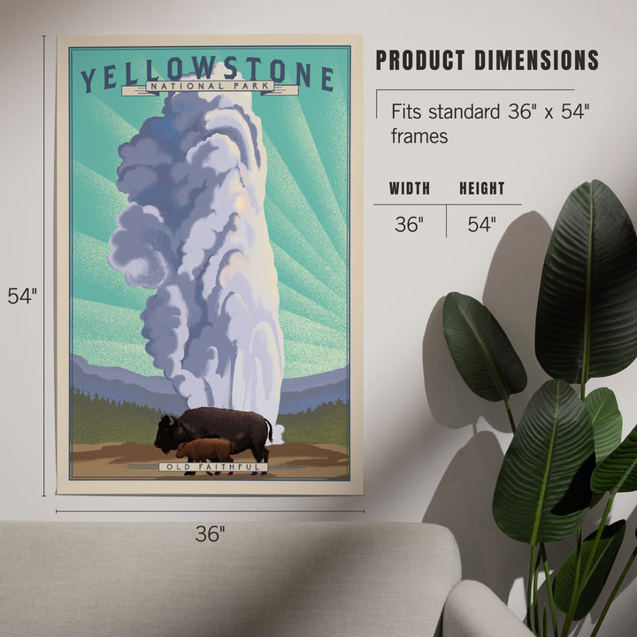 Yellowstone National Park, Wyoming, Old Faithful and Bison, Lithograph National Park Series, Art & Giclee Prints
