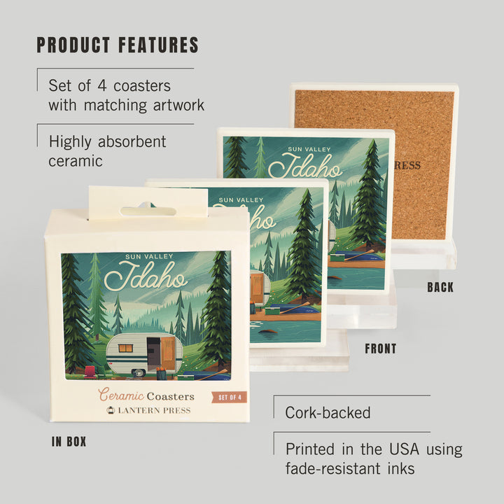 Sun Valley, Idaho, Outdoor Activity, At Home Anywhere, Camper in Evergreens ceramic coaster set