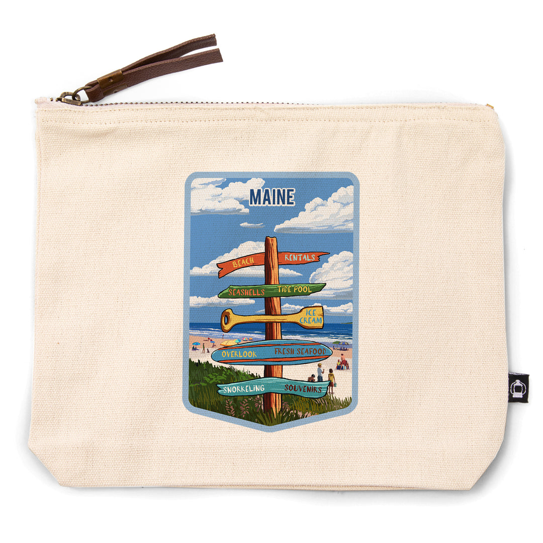 Maine, Signpost, Coast Beach with Umbrellas,, Organic Cotton Zipper Pouch, Go Bag