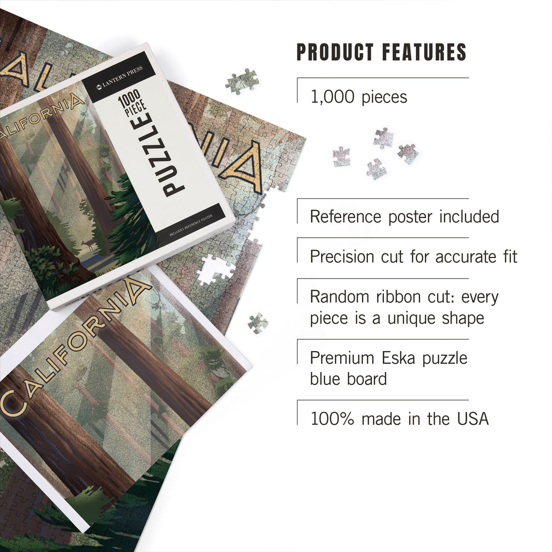 California, Lithograph, Deer in Forest, 1000 Piece Jigsaw Puzzle