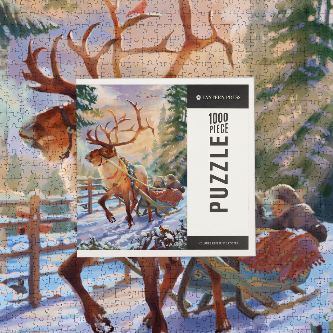 Holiday Tradition, Reindeer Sleigh Ride Through Mountain Snow, Jigsaw Puzzle