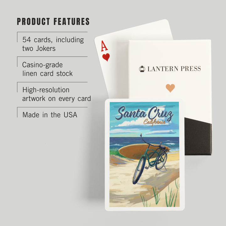 Playing Cards, Santa Cruz, California, Beach Cruiser on Beach, 52 Card Deck with Jokers in Box, Unique Art