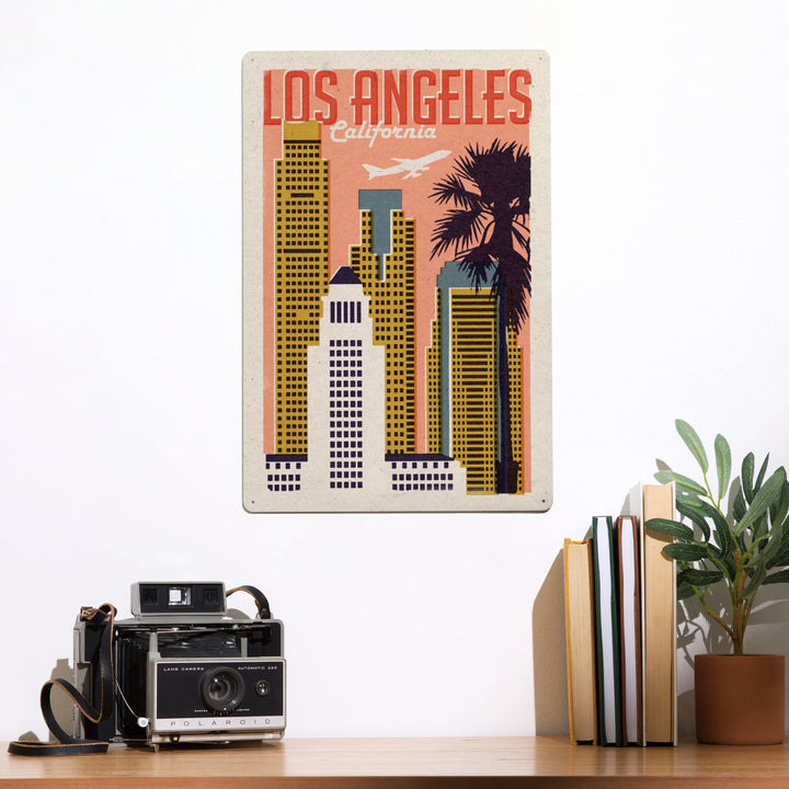 Los Angeles, California, Woodblock City Series, Skyline, 12x18 Metal Sign