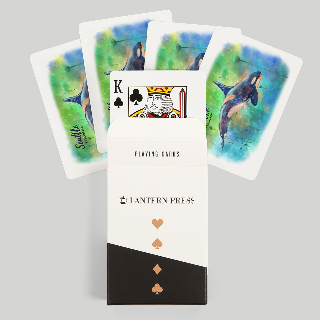 Playing Cards, Seattle, Washington, Orca, Watercolor, 52 Card Deck with Jokers in Box, Unique Art