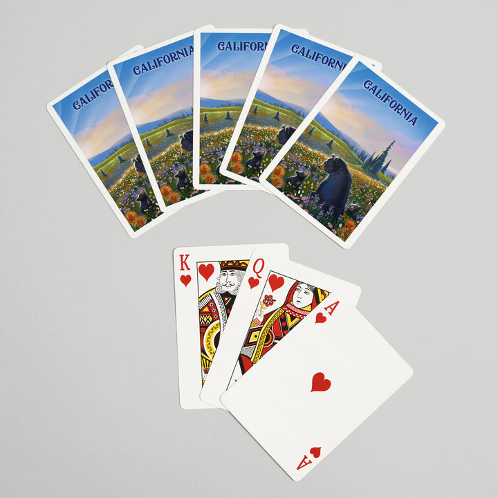 Playing Cards, California, Lithograph, Bear Family in Field, 52 Card Deck with Jokers in Box, Unique Art