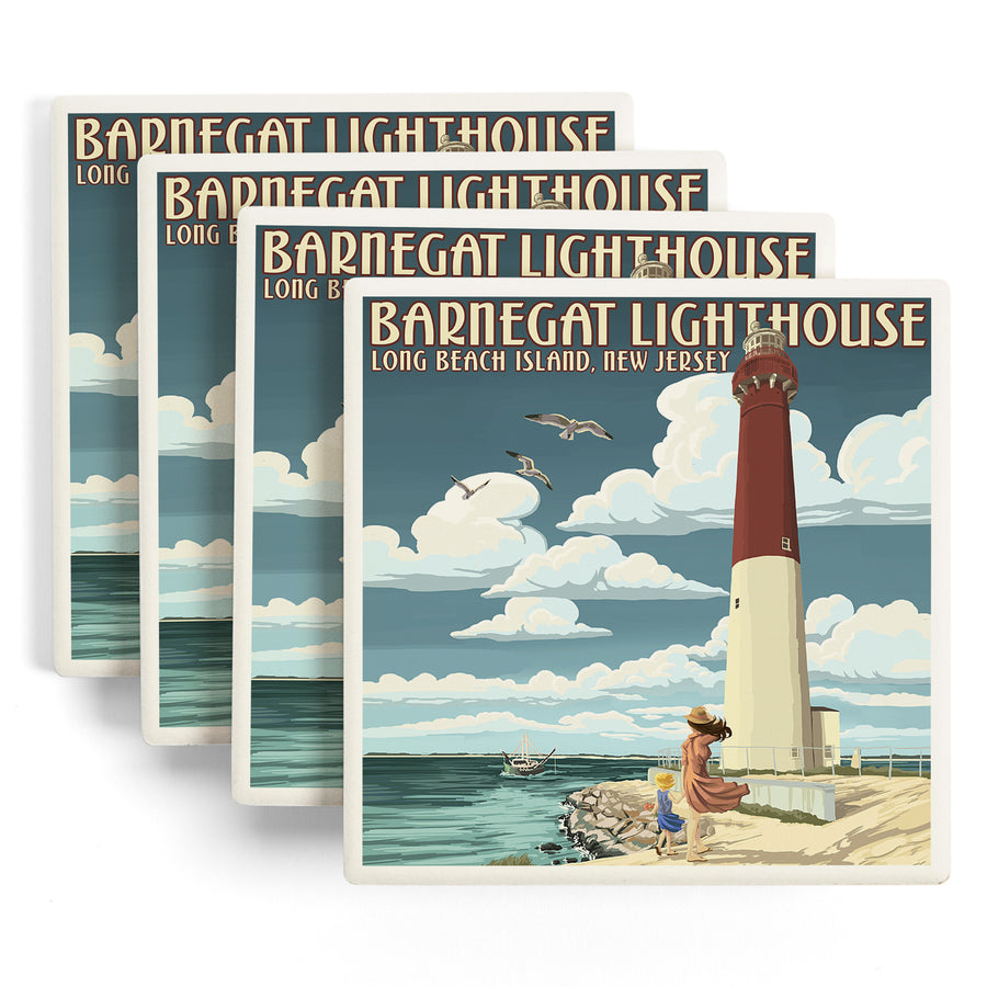 New Jersey Shore, Barnegat Lighthouse, Lantern Press Artwork, Coaster Set