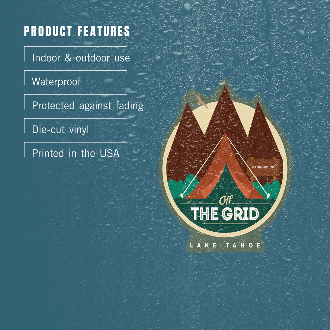 Lake Tahoe, California, Off the Grid, Tent, Contour, Green Background, Lantern Press Artwork, Vinyl Sticker