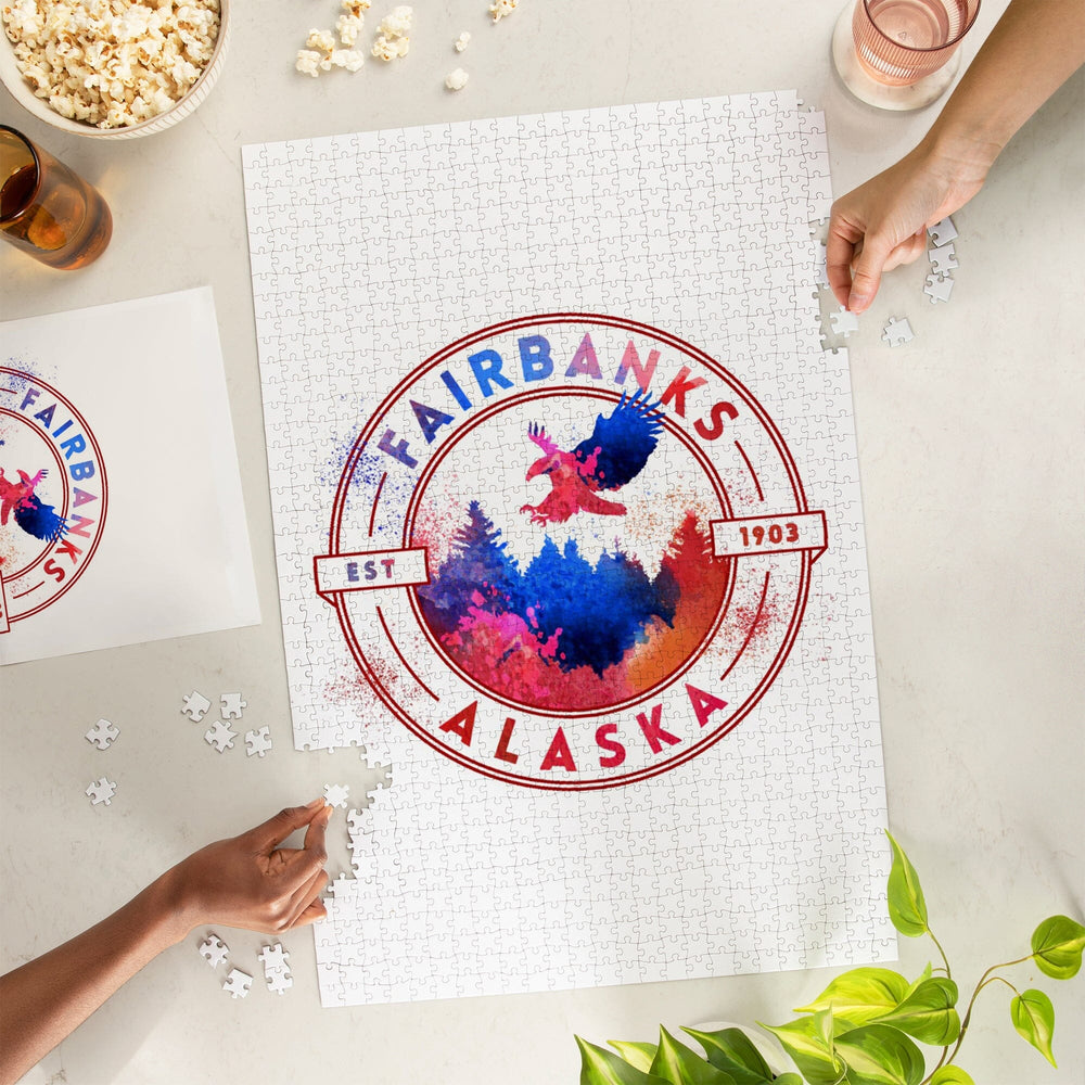 Fairbanks, Alaska, Badge, Vibrant Watercolor, Jigsaw Puzzle Puzzle Lantern Press 