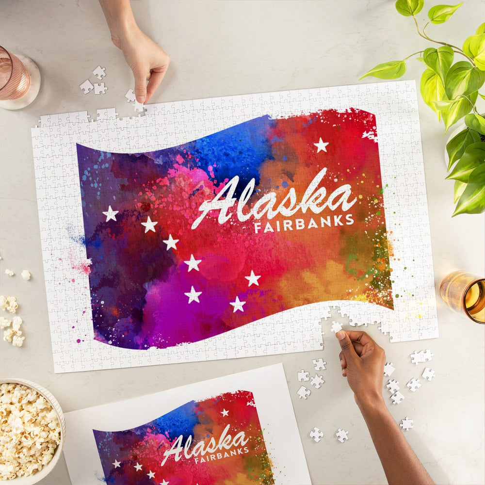 Fairbanks, Alaska, Flag, Vibrant Watercolor Puzzle Lantern Press 