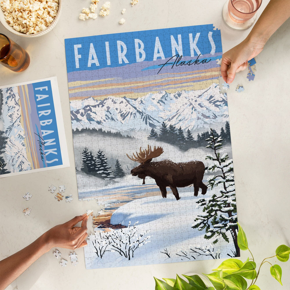 Fairbanks, Alaska, Moose, Winter Scene, Jigsaw Puzzle Puzzle Lantern Press 