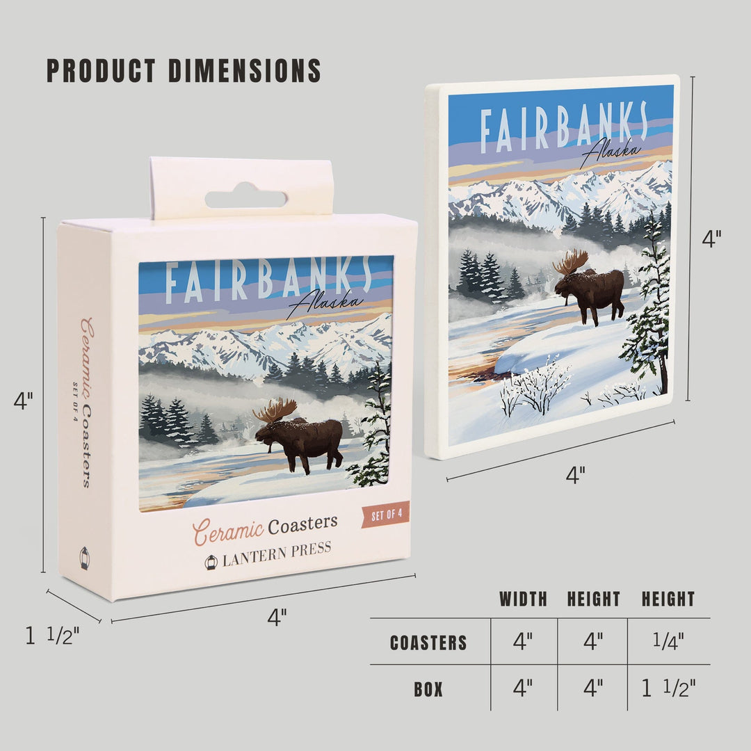 Fairbanks, Alaska, Moose, Winter Scene, Lantern Press Artwork, Coaster Set - Lantern Press