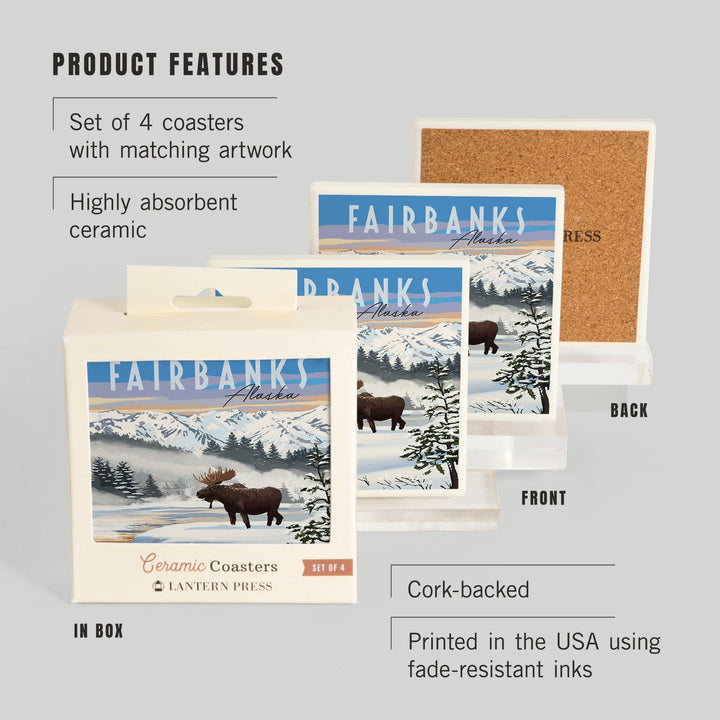 Fairbanks, Alaska, Moose, Winter Scene, Lantern Press Artwork, Coaster Set - Lantern Press