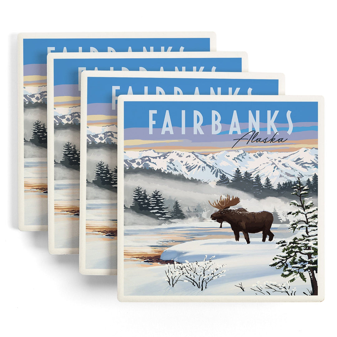 Fairbanks, Alaska, Moose, Winter Scene, Lantern Press Artwork, Coaster Set - Lantern Press