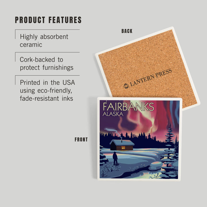 Fairbanks, Alaska, Northern Lights and Cabin, Coasters Coasters Lantern Press 