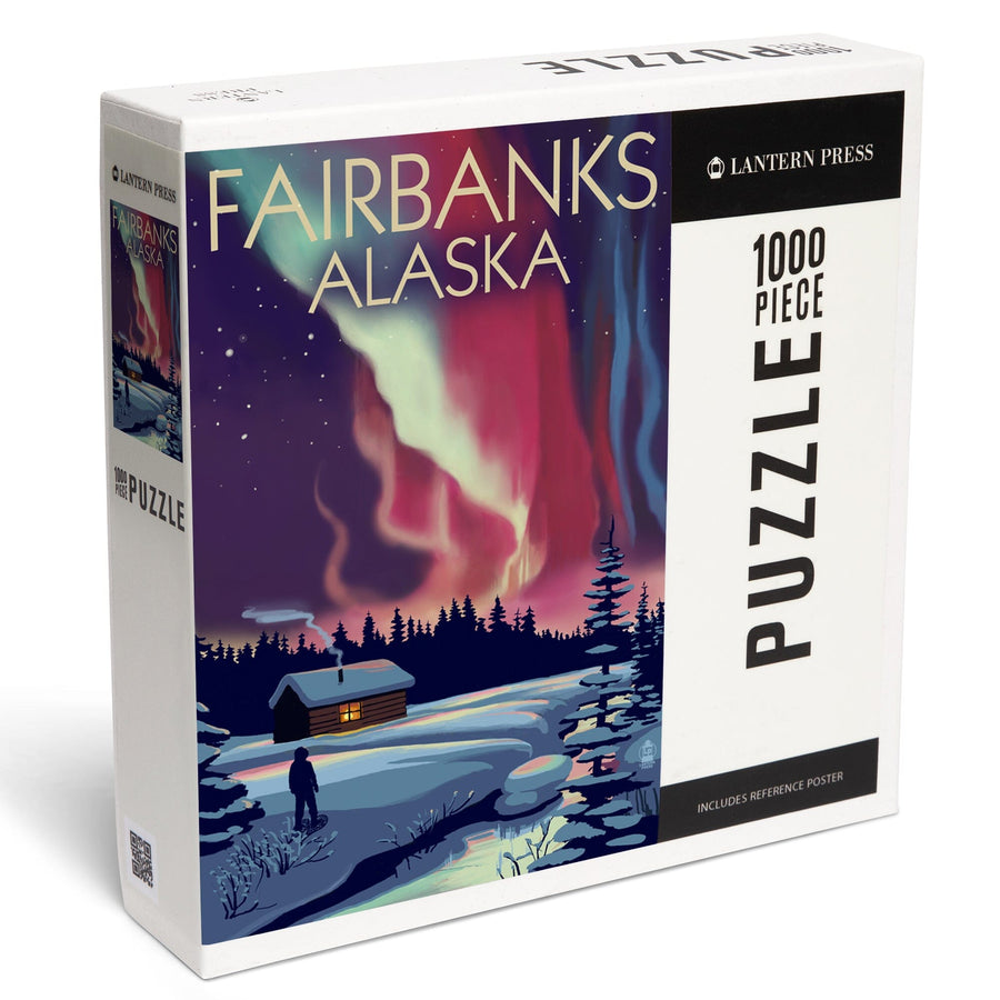 Fairbanks, Alaska, Northern Lights and Cabin, Jigsaw Puzzle Puzzle Lantern Press 