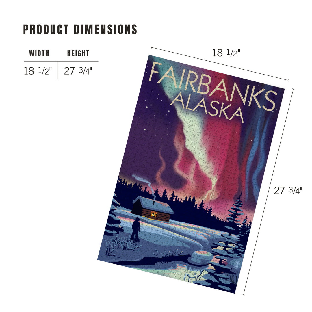 Fairbanks, Alaska, Northern Lights and Cabin, Jigsaw Puzzle Puzzle Lantern Press 