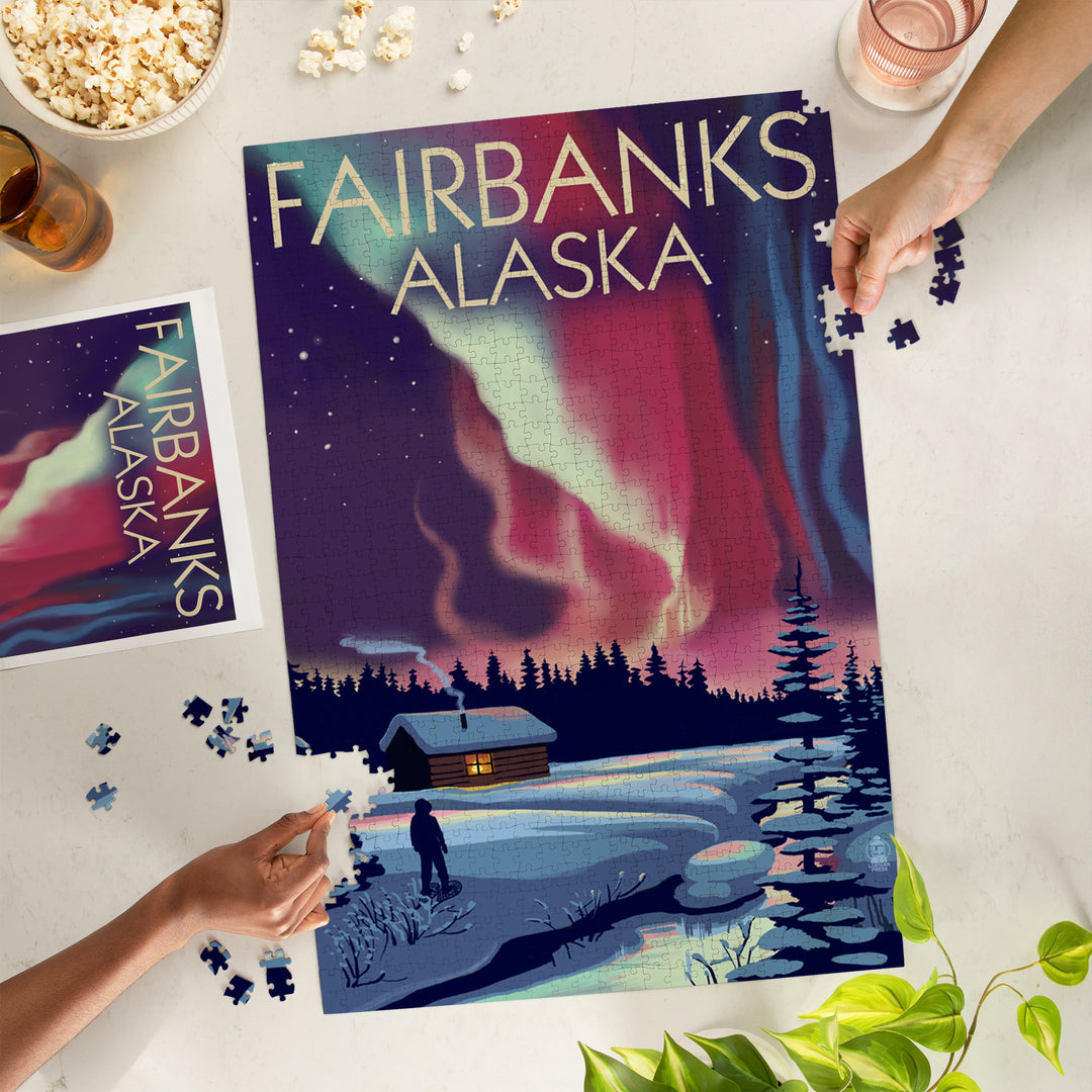 Fairbanks, Alaska, Northern Lights and Cabin, Jigsaw Puzzle Puzzle Lantern Press 