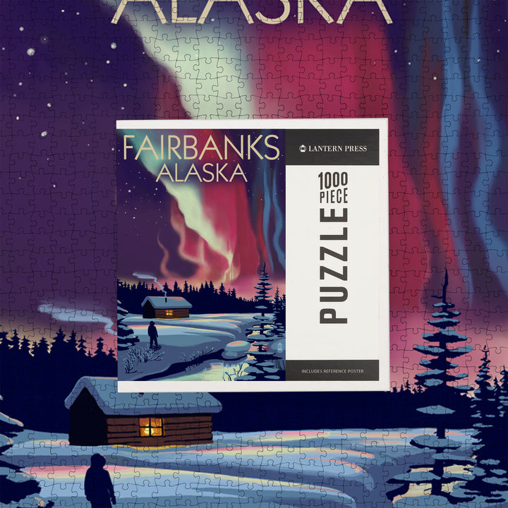 Fairbanks, Alaska, Northern Lights and Cabin, Jigsaw Puzzle Puzzle Lantern Press 