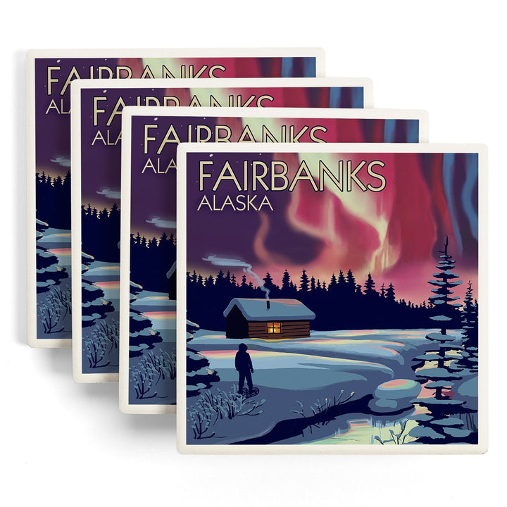 Fairbanks, Alaska, Northern Lights & Cabin, Lantern Press Artwork, Coaster Set - Lantern Press