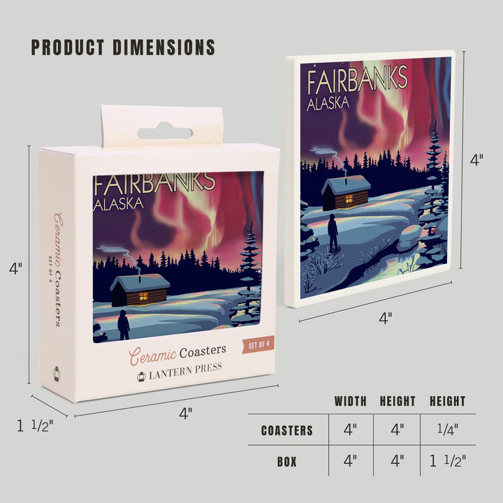 Fairbanks, Alaska, Northern Lights & Cabin, Lantern Press Artwork, Coaster Set - Lantern Press