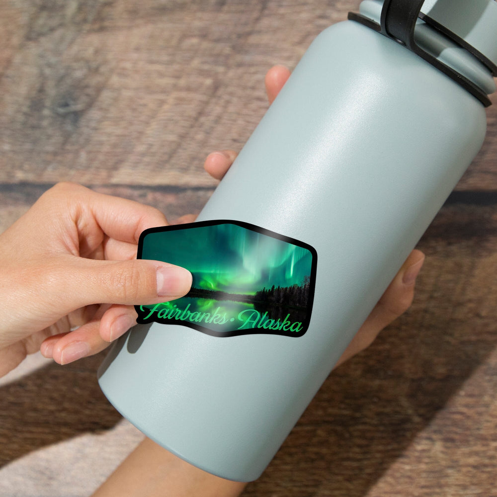 Fairbanks, Alaska, Northern Lights over Lake, Contour, Vinyl Sticker Sticker Lantern Press 