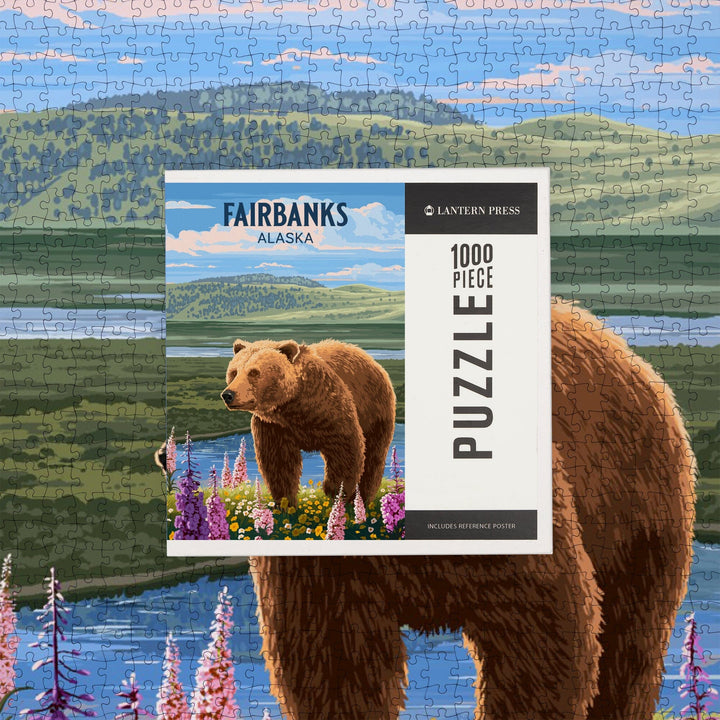 Fairbanks, Alaska, Painterly, Grizzly Bear in Meadow, Jigsaw Puzzle Puzzle Lantern Press 