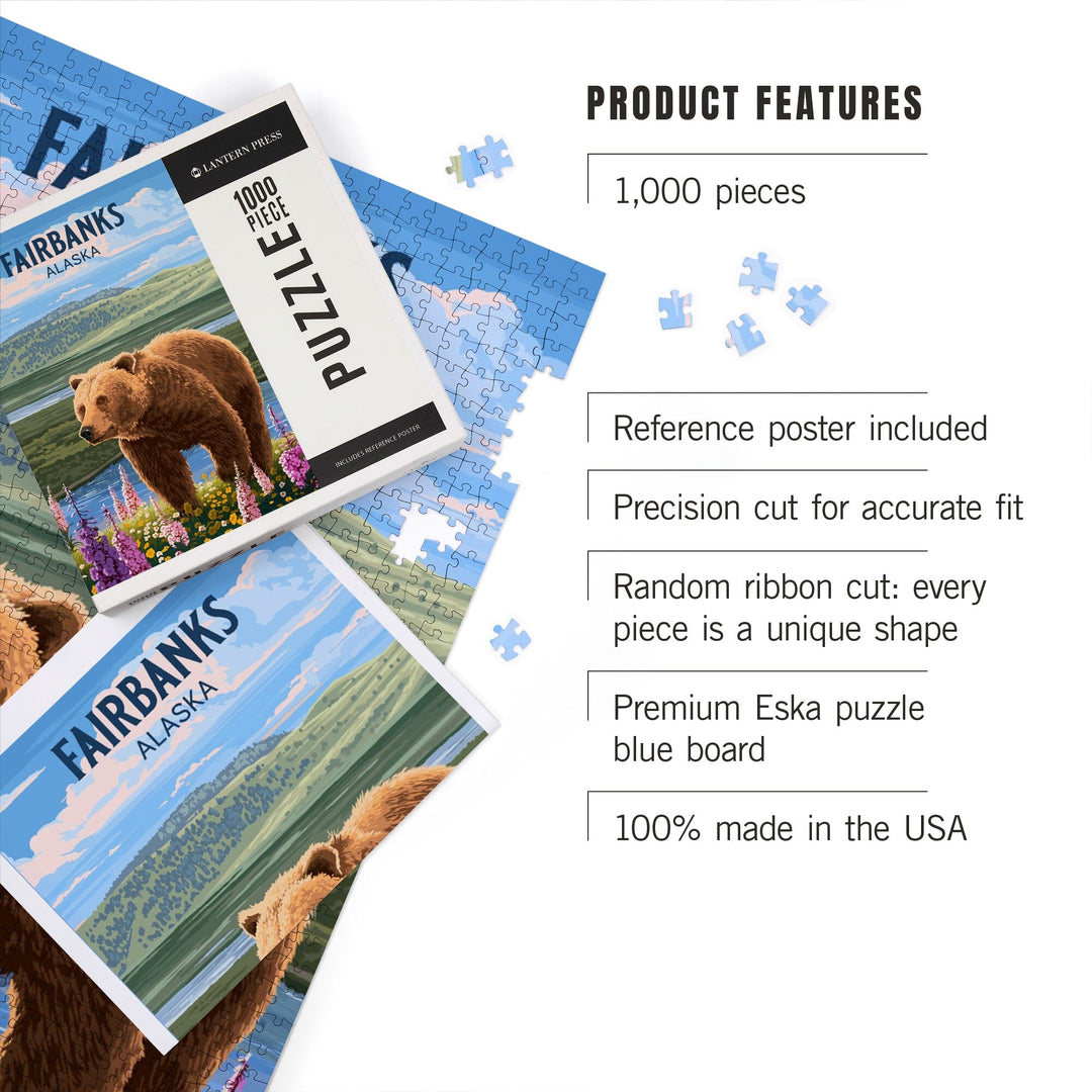 Fairbanks, Alaska, Painterly, Grizzly Bear in Meadow, Jigsaw Puzzle Puzzle Lantern Press 