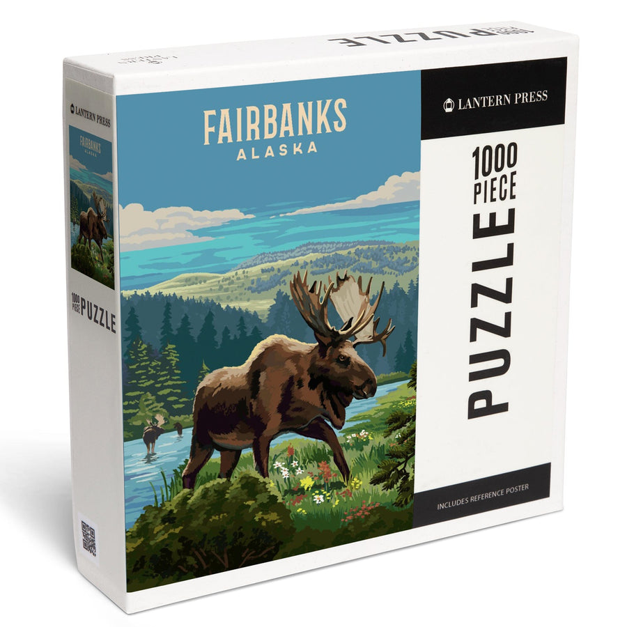 Fairbanks, Alaska, Painterly, Moose and Wildflowers, Jigsaw Puzzle Puzzle Lantern Press 