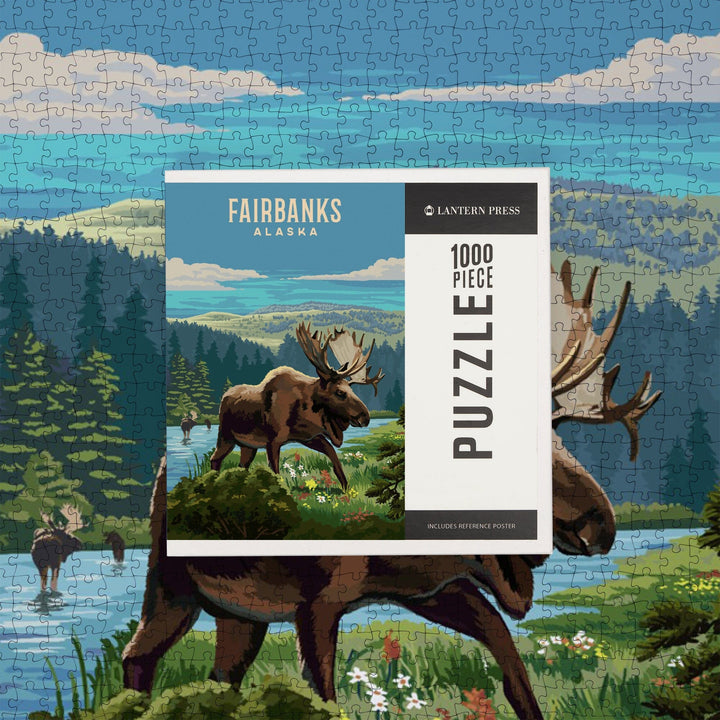 Fairbanks, Alaska, Painterly, Moose and Wildflowers, Jigsaw Puzzle Puzzle Lantern Press 