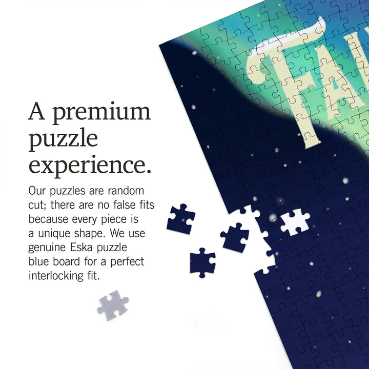 Fairbanks, Alaska, Painterly, Northern Lights and Dogsled, Jigsaw Puzzle Puzzle Lantern Press 