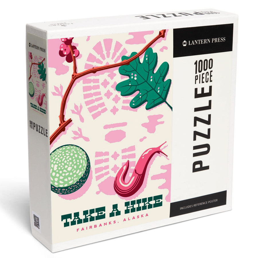 Fairbanks, Alaska, Take a Hike, Bootprint, Green and Pink, Jigsaw Puzzle Puzzle Lantern Press 