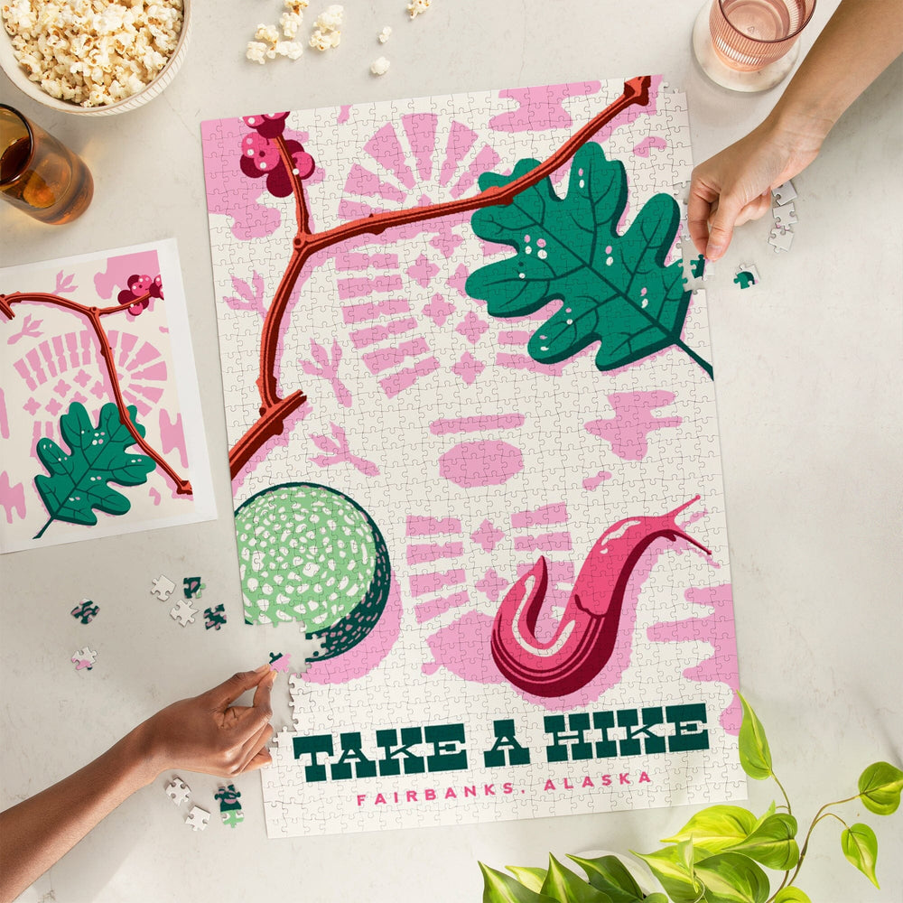 Fairbanks, Alaska, Take a Hike, Bootprint, Green and Pink, Jigsaw Puzzle Puzzle Lantern Press 
