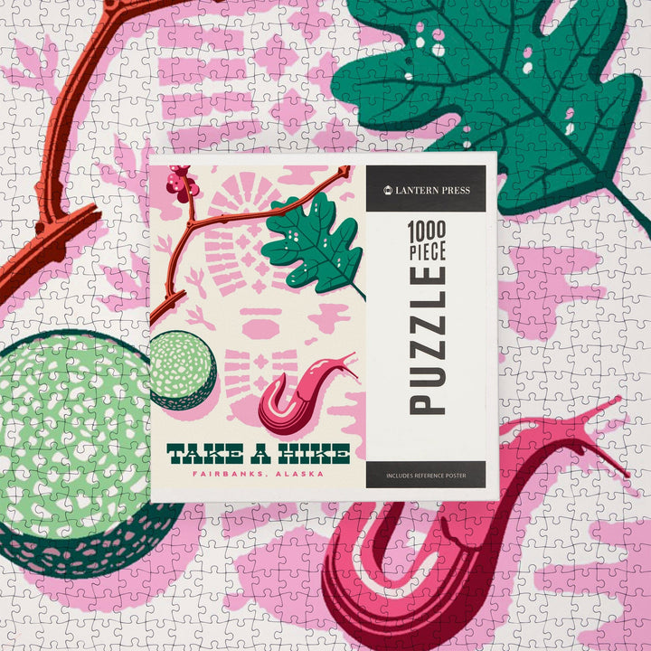 Fairbanks, Alaska, Take a Hike, Bootprint, Green and Pink, Jigsaw Puzzle Puzzle Lantern Press 