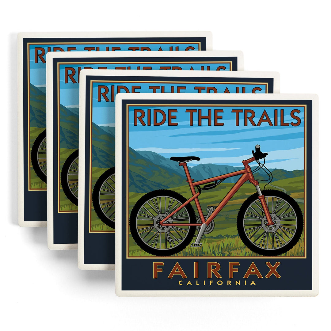 Fairfax, California, Ride the Trails, Blue Sky, Lantern Press Artwork, Coaster Set - Lantern Press