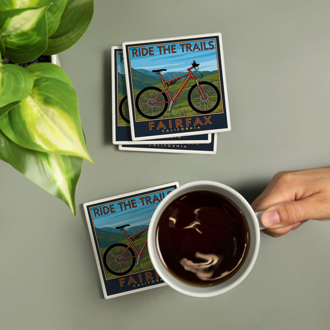 Fairfax, California, Ride the Trails, Blue Sky, Lantern Press Artwork, Coaster Set - Lantern Press