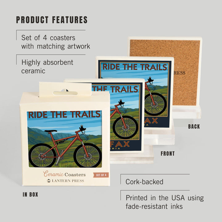 Fairfax, California, Ride the Trails, Blue Sky, Lantern Press Artwork, Coaster Set - Lantern Press