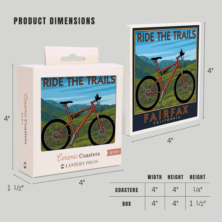 Fairfax, California, Ride the Trails, Blue Sky, Lantern Press Artwork, Coaster Set - Lantern Press