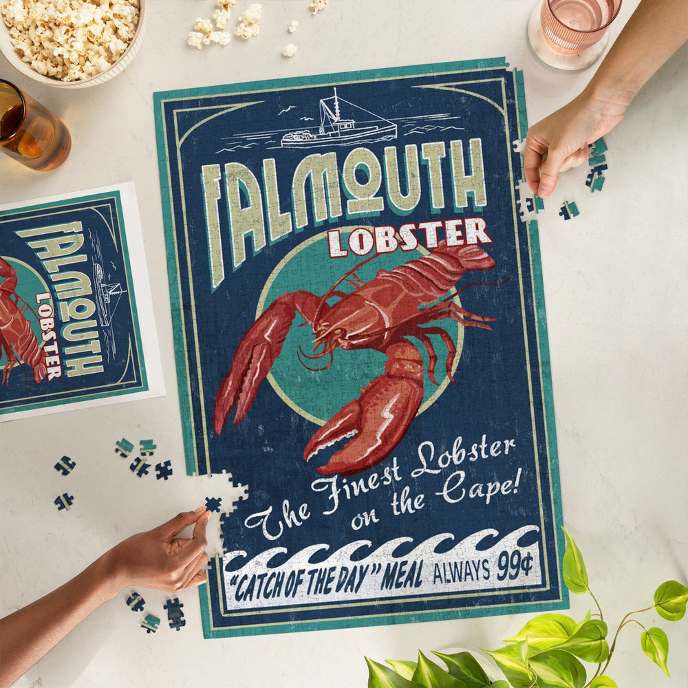 Falmouth, Cape Cod, Lobster Vintage Sign, Jigsaw Puzzle Puzzle Lantern Press 