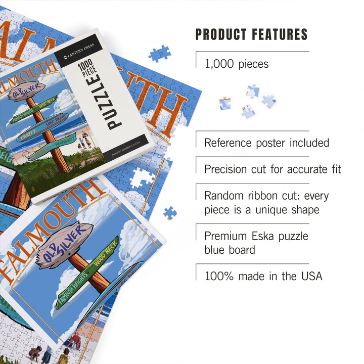 Falmouth, Cape Cod, Massachusetts, Destination Signpost, Jigsaw Puzzle Puzzle Lantern Press 