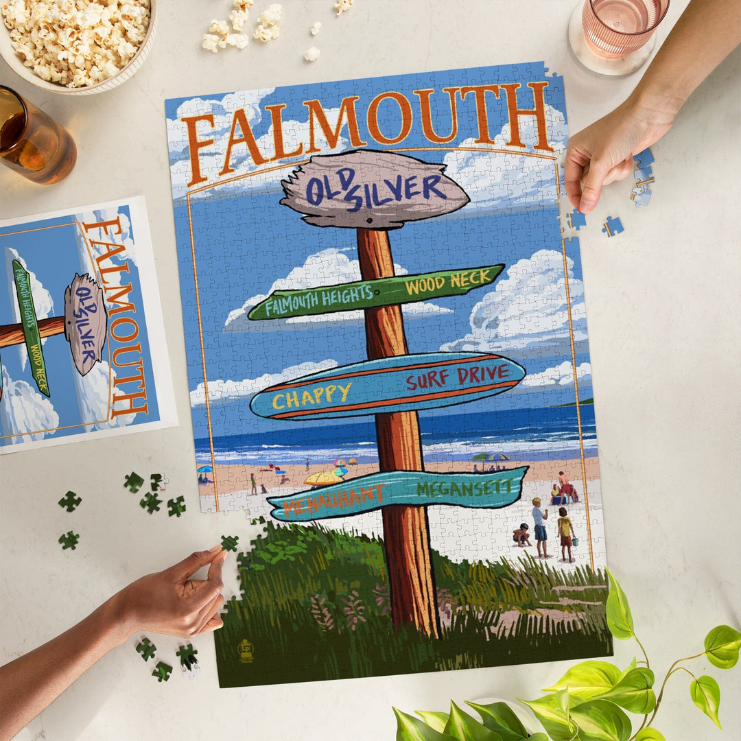 Falmouth, Cape Cod, Massachusetts, Destination Signpost, Jigsaw Puzzle - Lantern Press