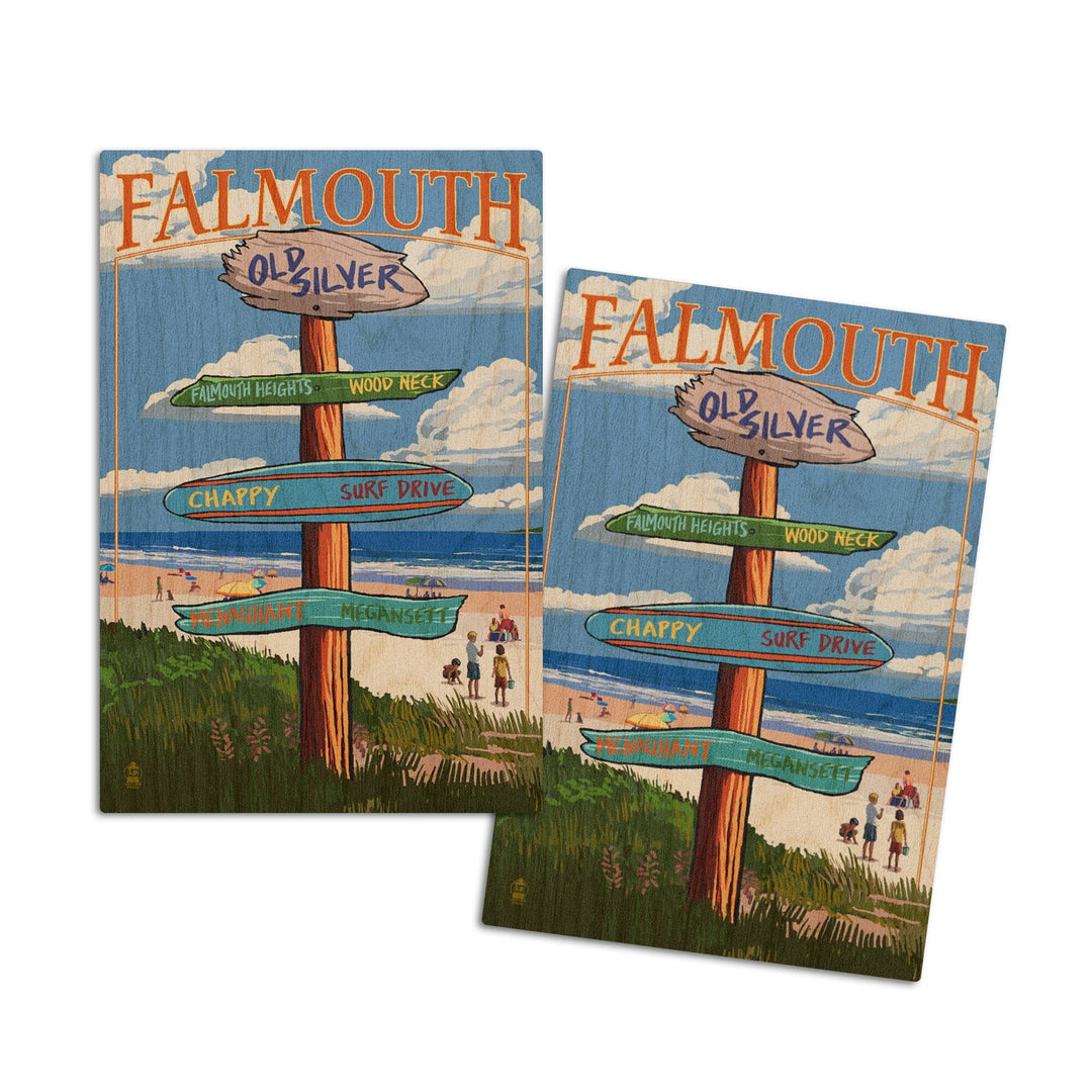 Falmouth, Cape Cod, Massachusetts, Destination Signpost, Lantern Press Artwork, Wood Signs and Postcards Wood Lantern Press 4x6 Wood Postcard Set 