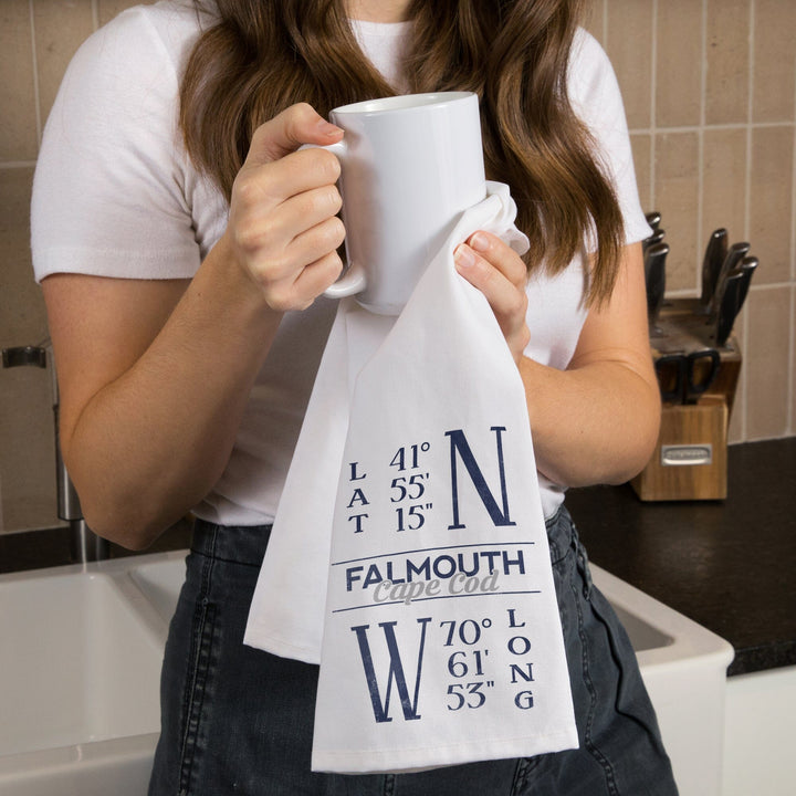 Falmouth, Cape Cod, Massachusetts, Latitude and Longitude (Blue), Organic Cotton Kitchen Tea Towels Kitchen Lantern Press 