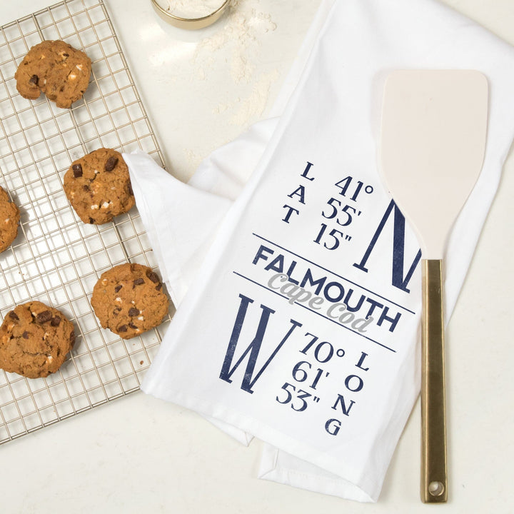 Falmouth, Cape Cod, Massachusetts, Latitude and Longitude (Blue), Organic Cotton Kitchen Tea Towels Kitchen Lantern Press 